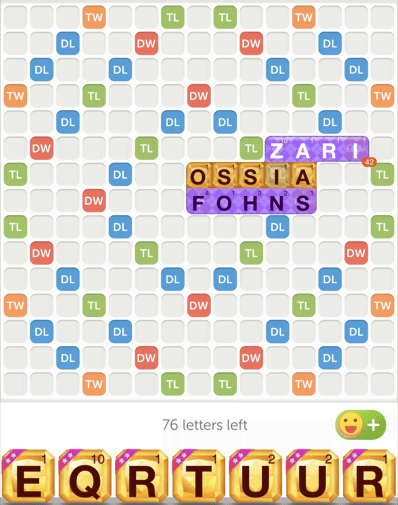 Screenshot of Words With Friends game board.